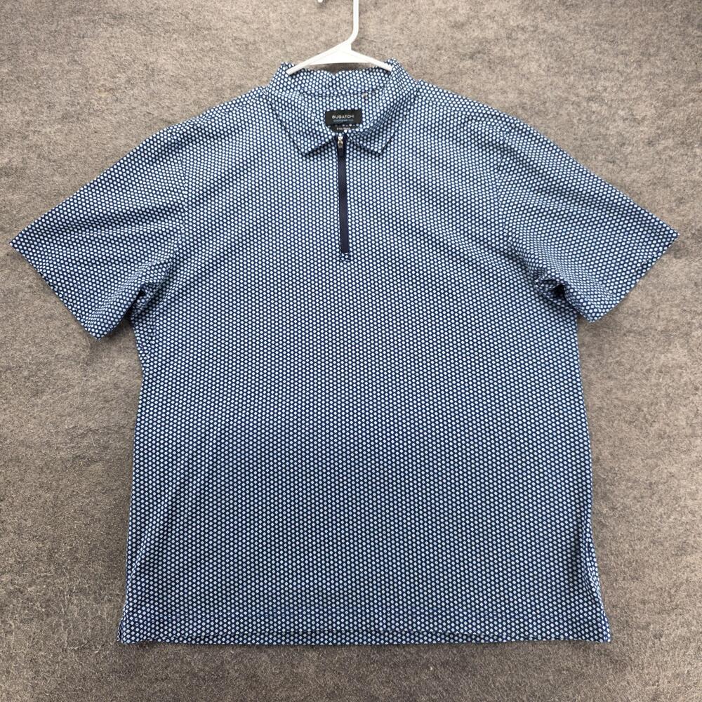 BUGATCHI Polo Shirt Mens XL Blue Polka Dot Cotton Spandex Stretch Collared Zip